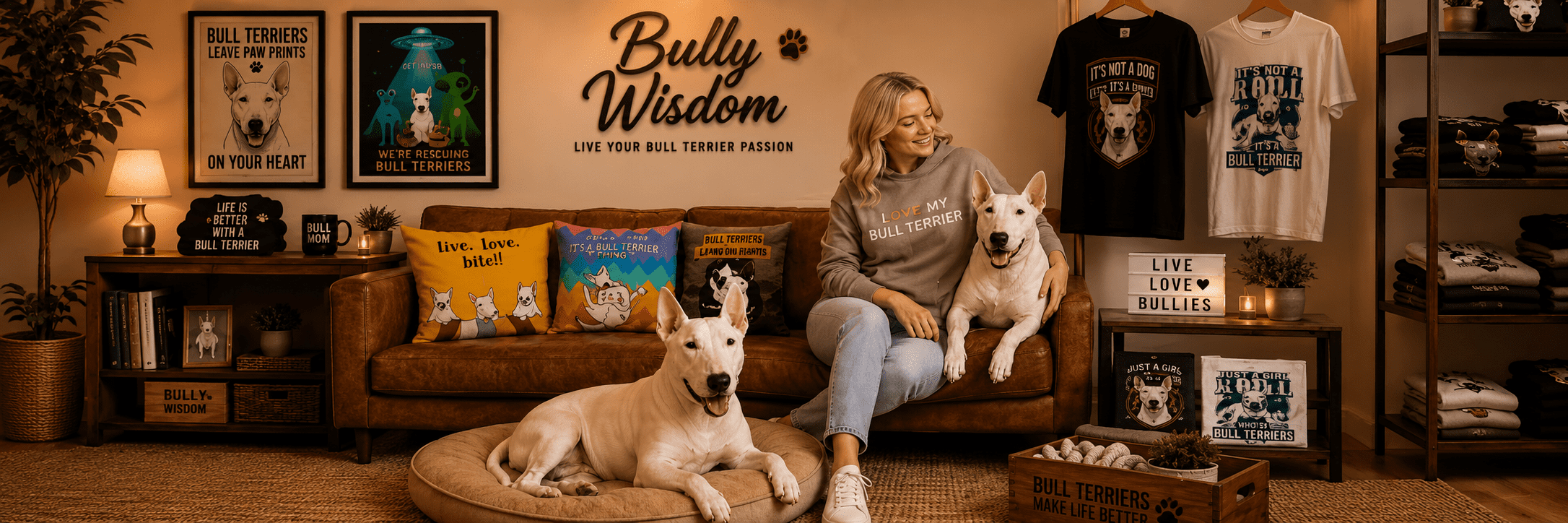Bully Wisdom Bull Terrier merchandise and lifestyle banner