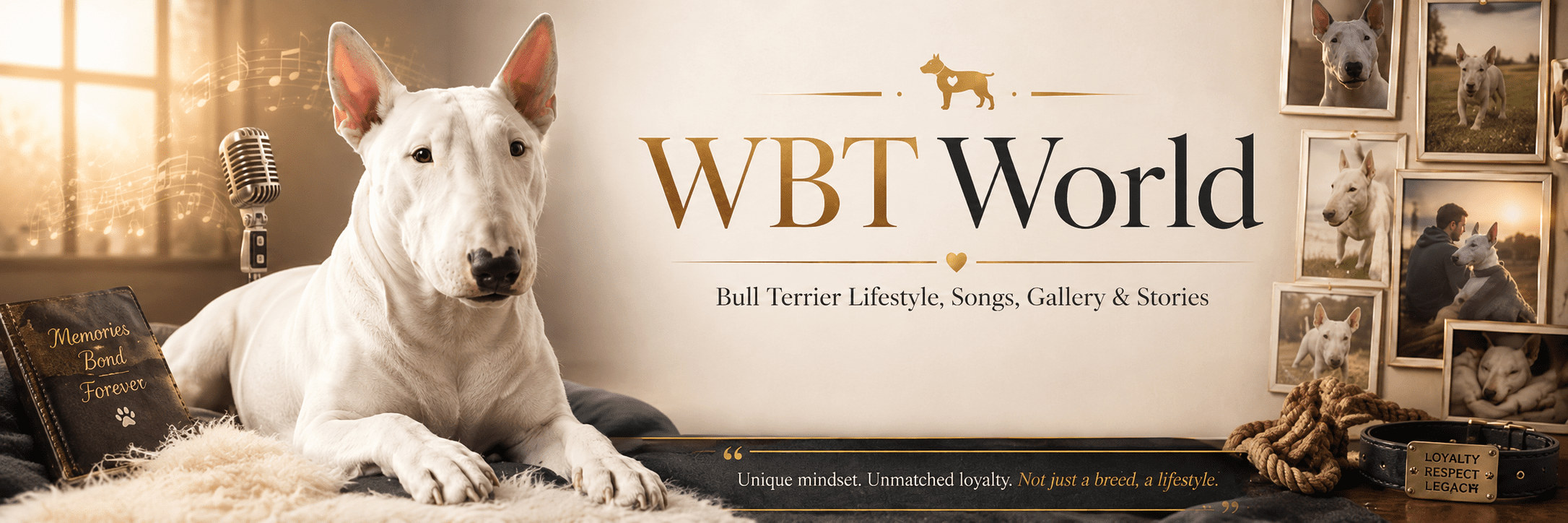 Bull Terrier lifestyle banner for WBT World by Working Bull Terriers Kennel
