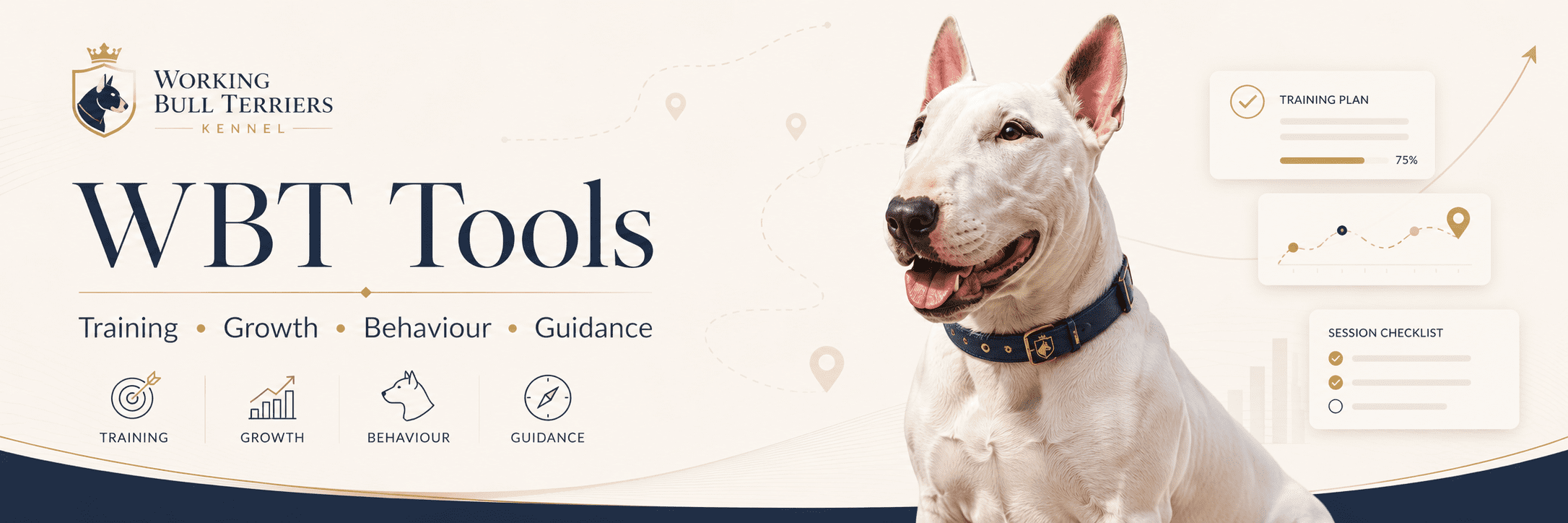 Bull Terrier Tools page with training, growth, behaviour, and owner decision tools from Working Bull Terriers Kennel