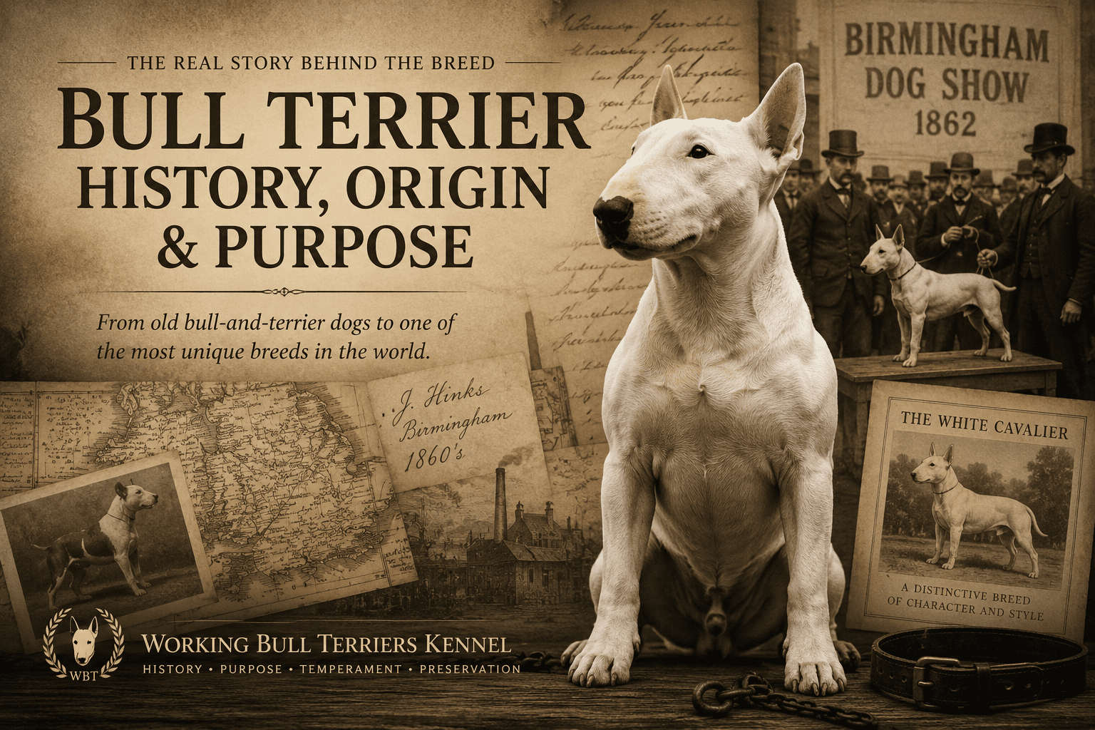 Vintage style Bull Terrier history image showing a white Bull Terrier in an old British dog show setting