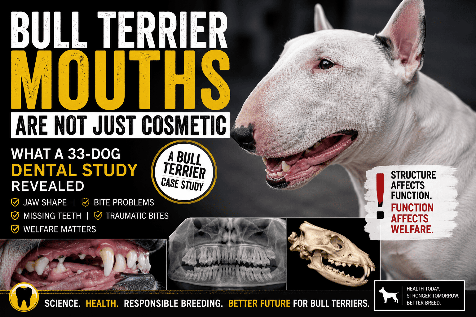 Bull Terrier dental study article banner showing a white Bull Terrier mouth and dental study graphics, representing jaw shape, bite problems, missing teeth, traumatic occlusion, welfare, and responsible breeding.