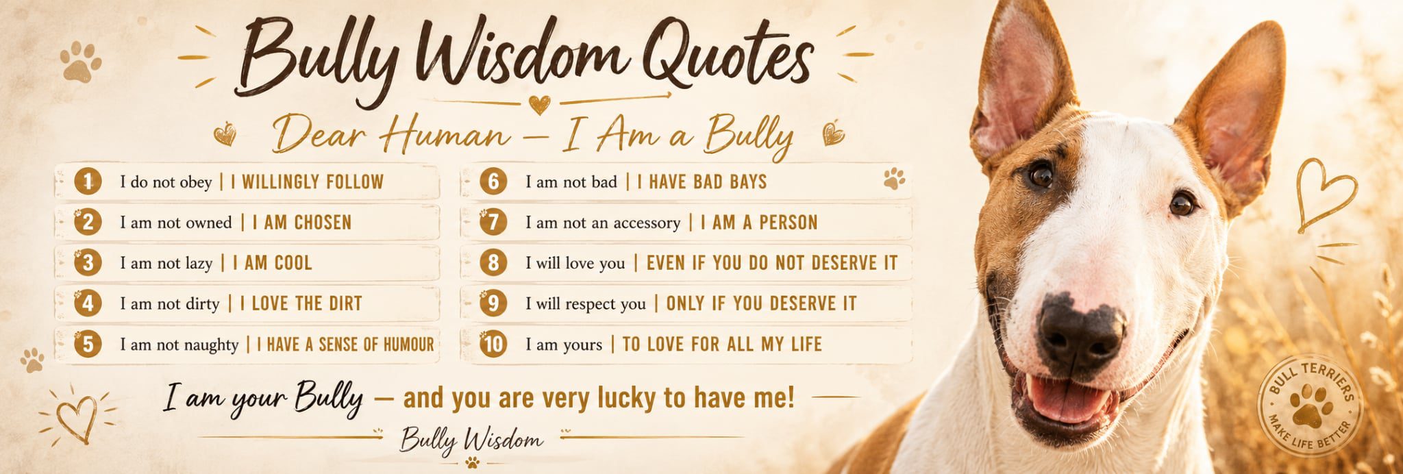 Bully Wisdom Quotes: Original Bull Terrier Quotes & Sayings 1 Bully Wisdom Bull Terrier quotes and sayings inspired by real life with the breed